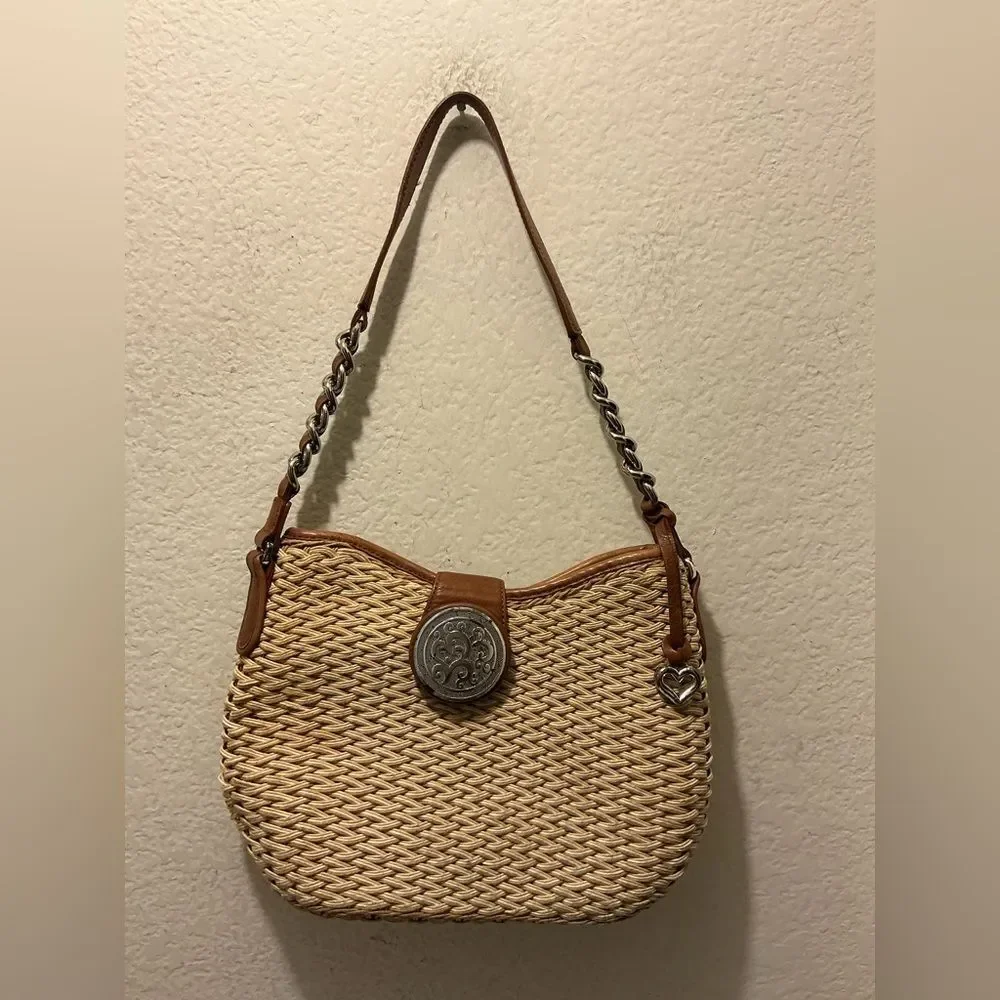 Brighton Tan and Brown Woven Shoulder bag Purse with Medallion